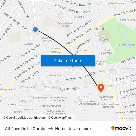 Athénée De La Gombe to Home Universitaire map