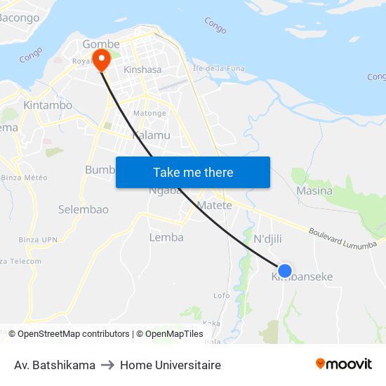 Av. Batshikama to Home Universitaire map