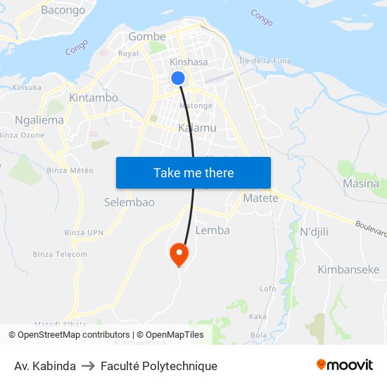 Av. Kabinda to Faculté Polytechnique map