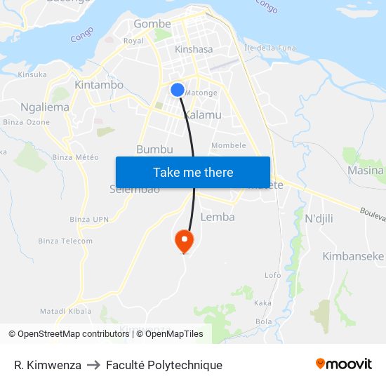 R. Kimwenza to Faculté Polytechnique map