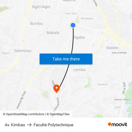 Av. Kimbao to Faculté Polytechnique map