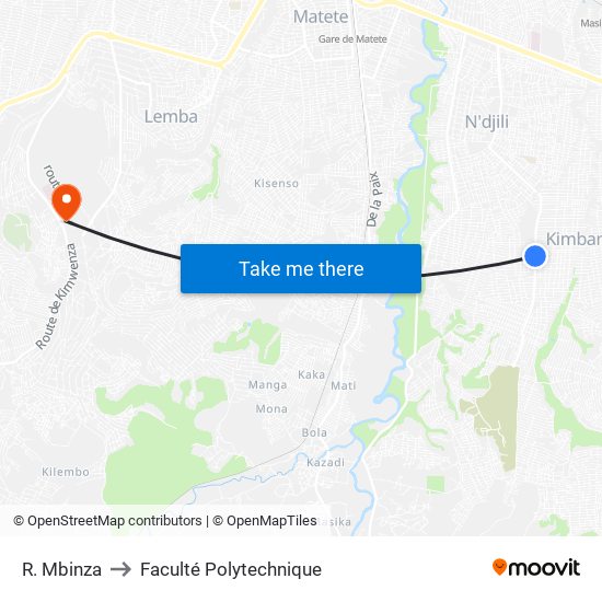R. Mbinza to Faculté Polytechnique map