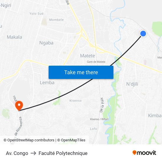 Av. Congo to Faculté Polytechnique map