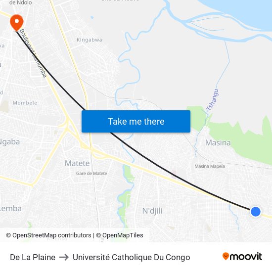 De La Plaine to Université Catholique Du Congo map