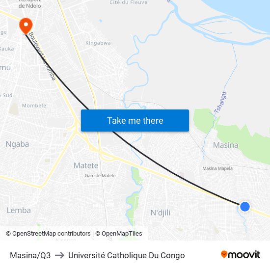 Masina/Q3 to Université Catholique Du Congo map