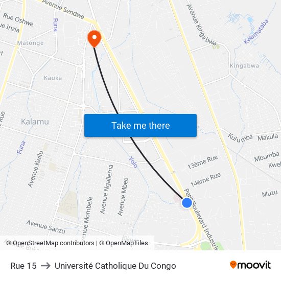 Rue 15 to Université Catholique Du Congo map