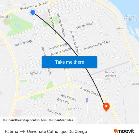 Fátima to Université Catholique Du Congo map