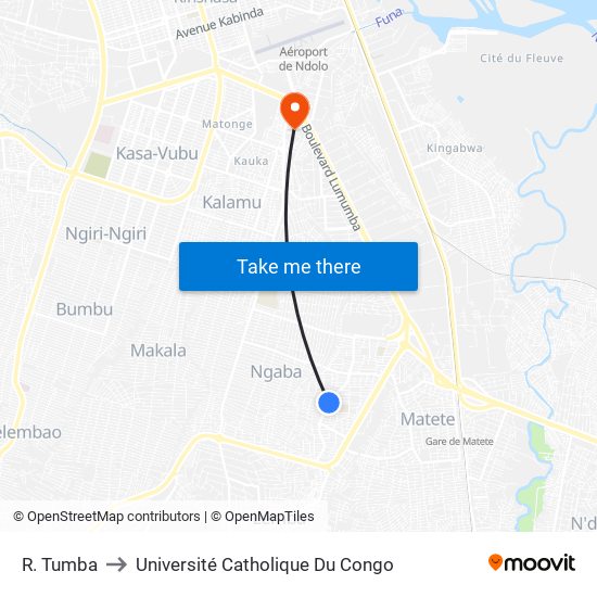 R. Tumba to Université Catholique Du Congo map