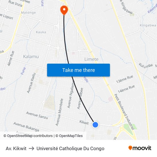 Av. Kikwit to Université Catholique Du Congo map