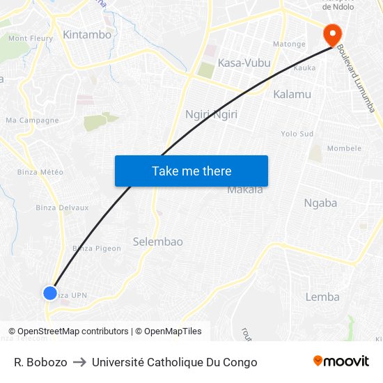 R. Bobozo to Université Catholique Du Congo map