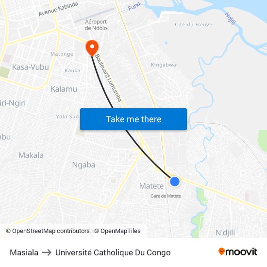 Masiala to Université Catholique Du Congo map