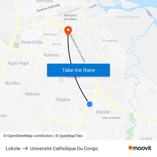 Lokole to Université Catholique Du Congo map