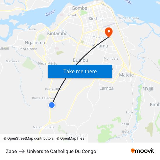 Zape to Université Catholique Du Congo map