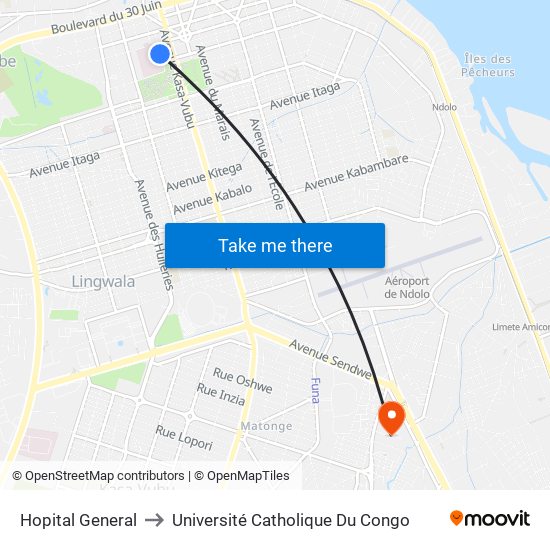 Hopital General to Université Catholique Du Congo map
