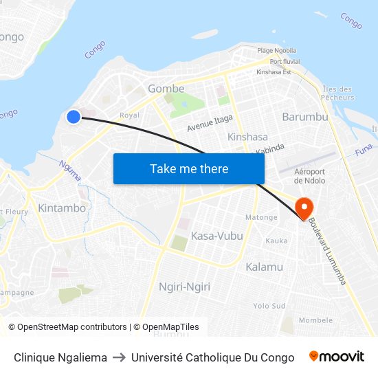 Clinique Ngaliema to Université Catholique Du Congo map