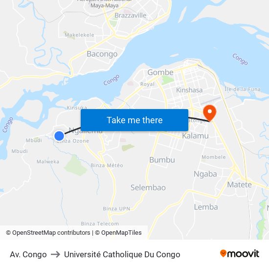 Av. Congo to Université Catholique Du Congo map