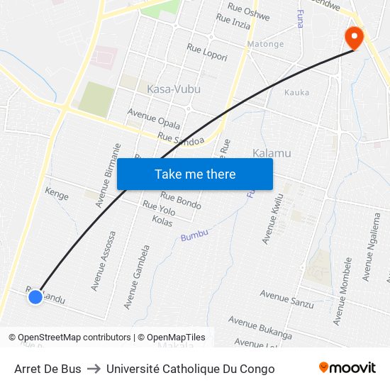 Arret De Bus to Université Catholique Du Congo map