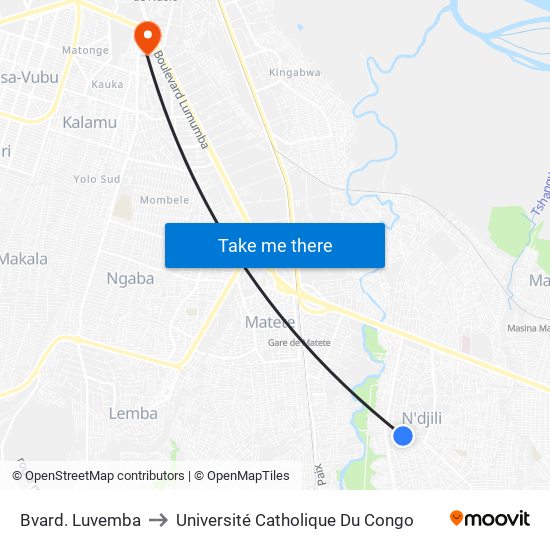 Bvard. Luvemba to Université Catholique Du Congo map