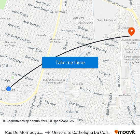 Rue De Momboyo, 1 to Université Catholique Du Congo map