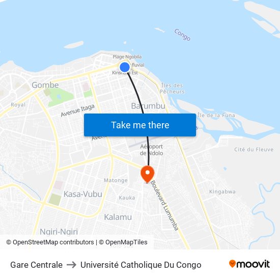 Gare Centrale to Université Catholique Du Congo map