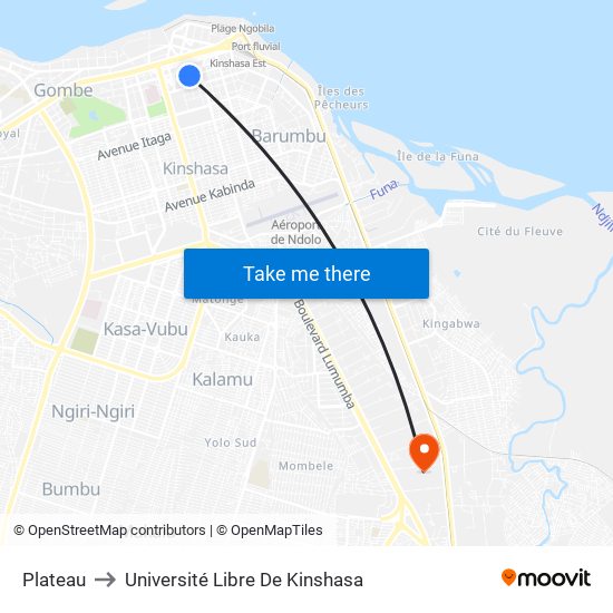 Plateau to Université Libre De Kinshasa map