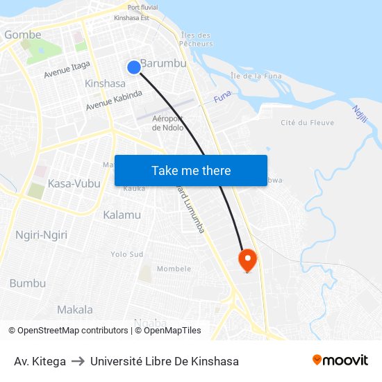 Av. Kitega to Université Libre De Kinshasa map
