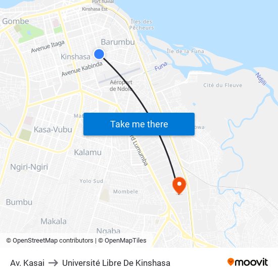 Av. Kasai to Université Libre De Kinshasa map