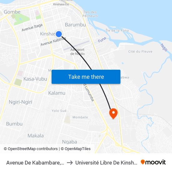 Avenue De Kabambare, 53 to Université Libre De Kinshasa map