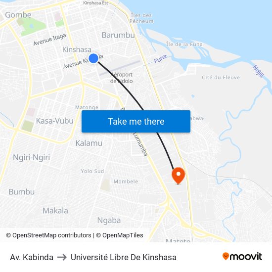 Av. Kabinda to Université Libre De Kinshasa map