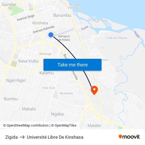 Zigida to Université Libre De Kinshasa map