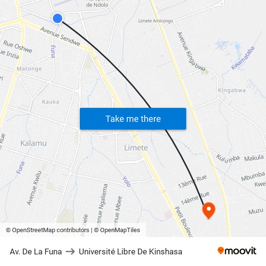 Av. De La Funa to Université Libre De Kinshasa map