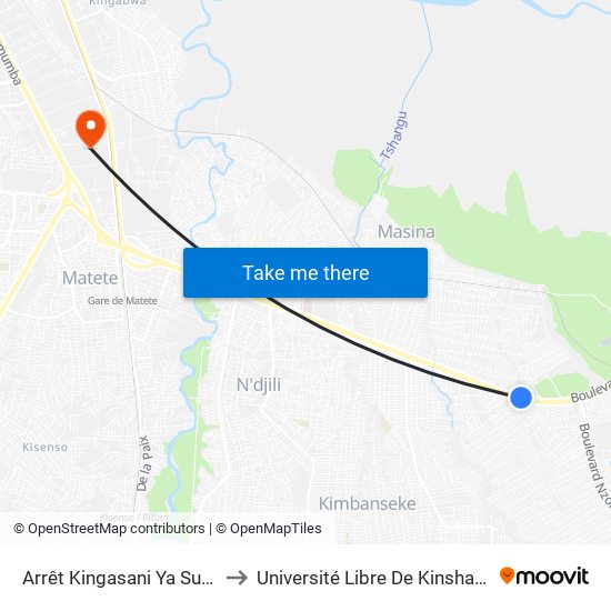 Arrêt Kingasani Ya Suka to Université Libre De Kinshasa map