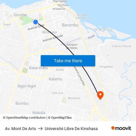 Av. Mont De Arts to Université Libre De Kinshasa map