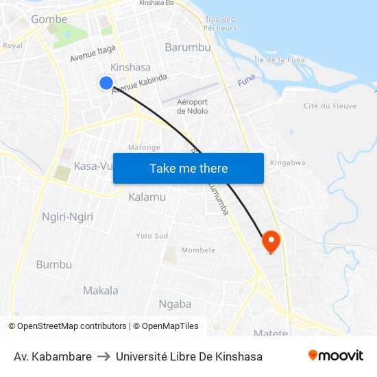 Av. Kabambare to Université Libre De Kinshasa map
