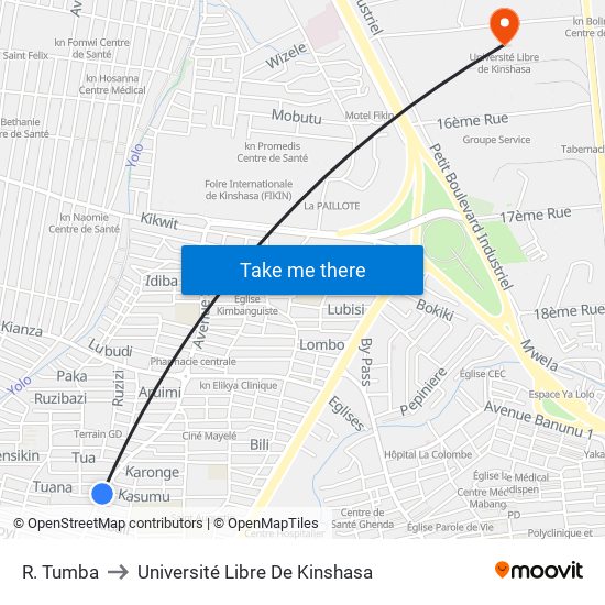 R. Tumba to Université Libre De Kinshasa map