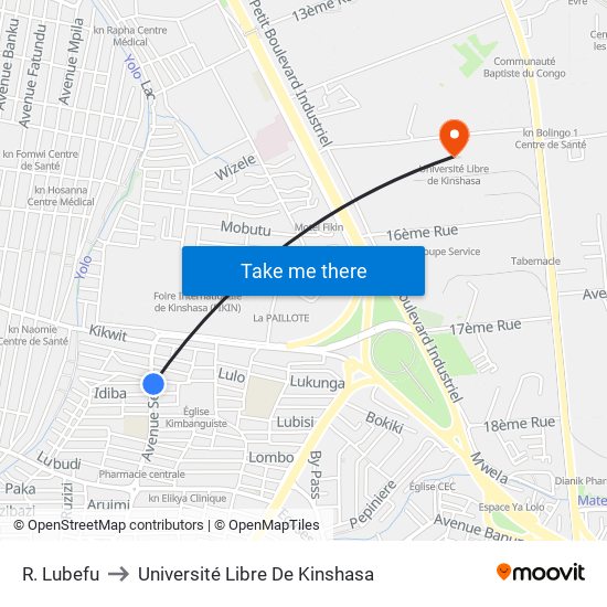 R. Lubefu to Université Libre De Kinshasa map