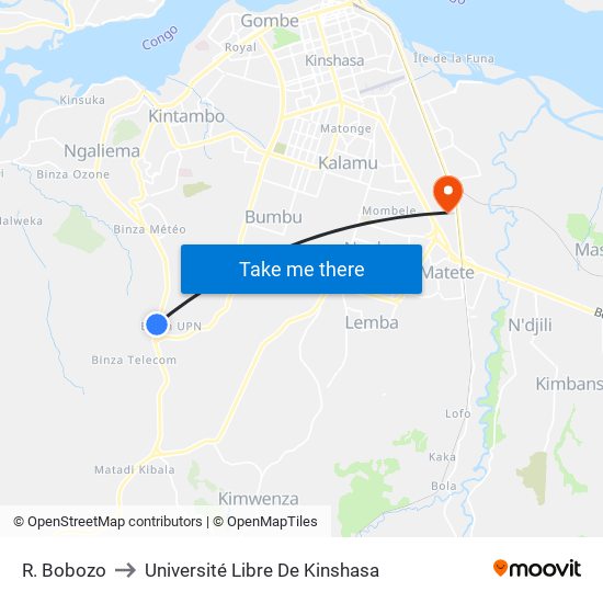 R. Bobozo to Université Libre De Kinshasa map