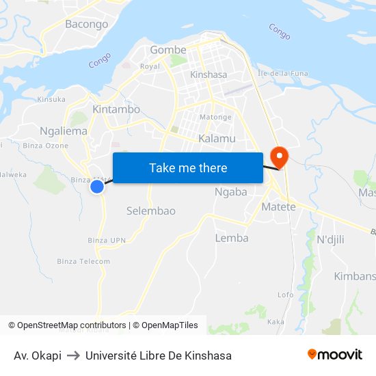 Av. Okapi to Université Libre De Kinshasa map