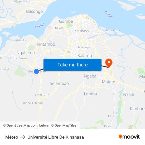 Méteo to Université Libre De Kinshasa map