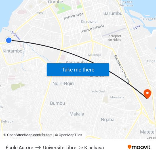 École Aurore to Université Libre De Kinshasa map