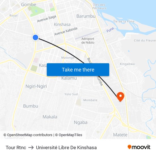 Tour Rtnc to Université Libre De Kinshasa map