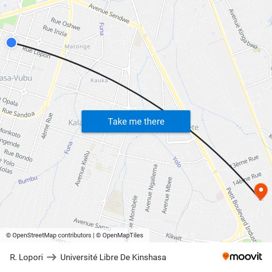 R. Lopori to Université Libre De Kinshasa map