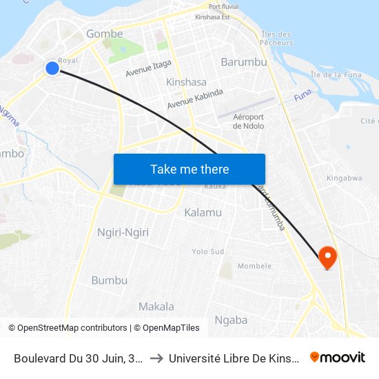 Boulevard Du 30 Juin, 3642 to Université Libre De Kinshasa map