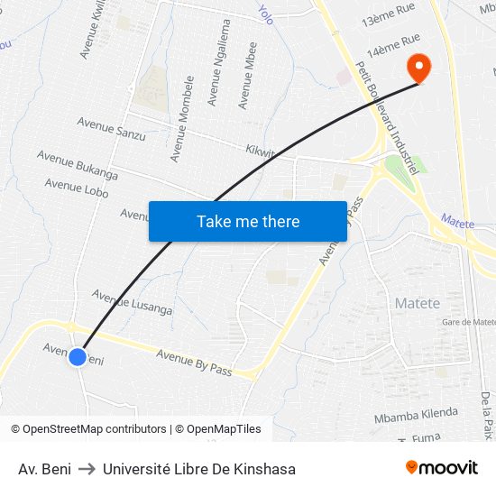 Av. Beni to Université Libre De Kinshasa map