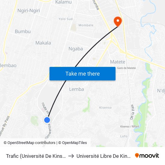 Trafic (Université De Kinshasa) to Université Libre De Kinshasa map
