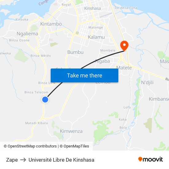 Zape to Université Libre De Kinshasa map