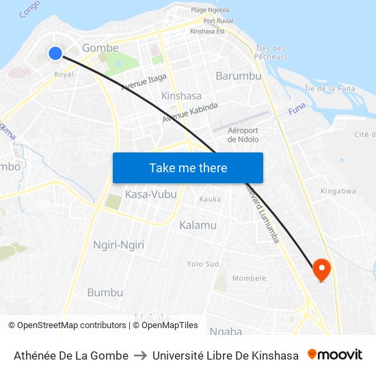 Athénée De La Gombe to Université Libre De Kinshasa map