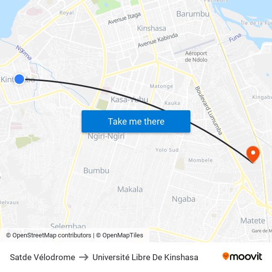Satde Vélodrome to Université Libre De Kinshasa map