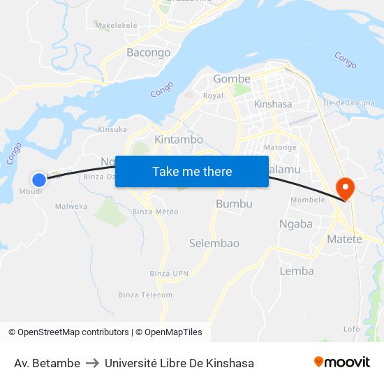 Av. Betambe to Université Libre De Kinshasa map