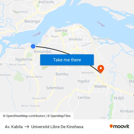 Av. Kabila to Université Libre De Kinshasa map